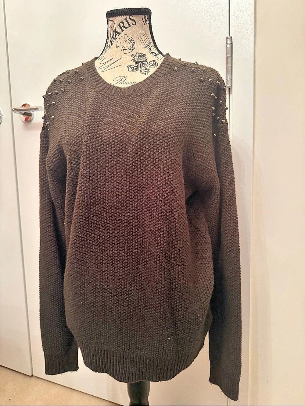 Topshop Textured Knit Sweater With Studded Shoulders Textured Crew Neck Sweater